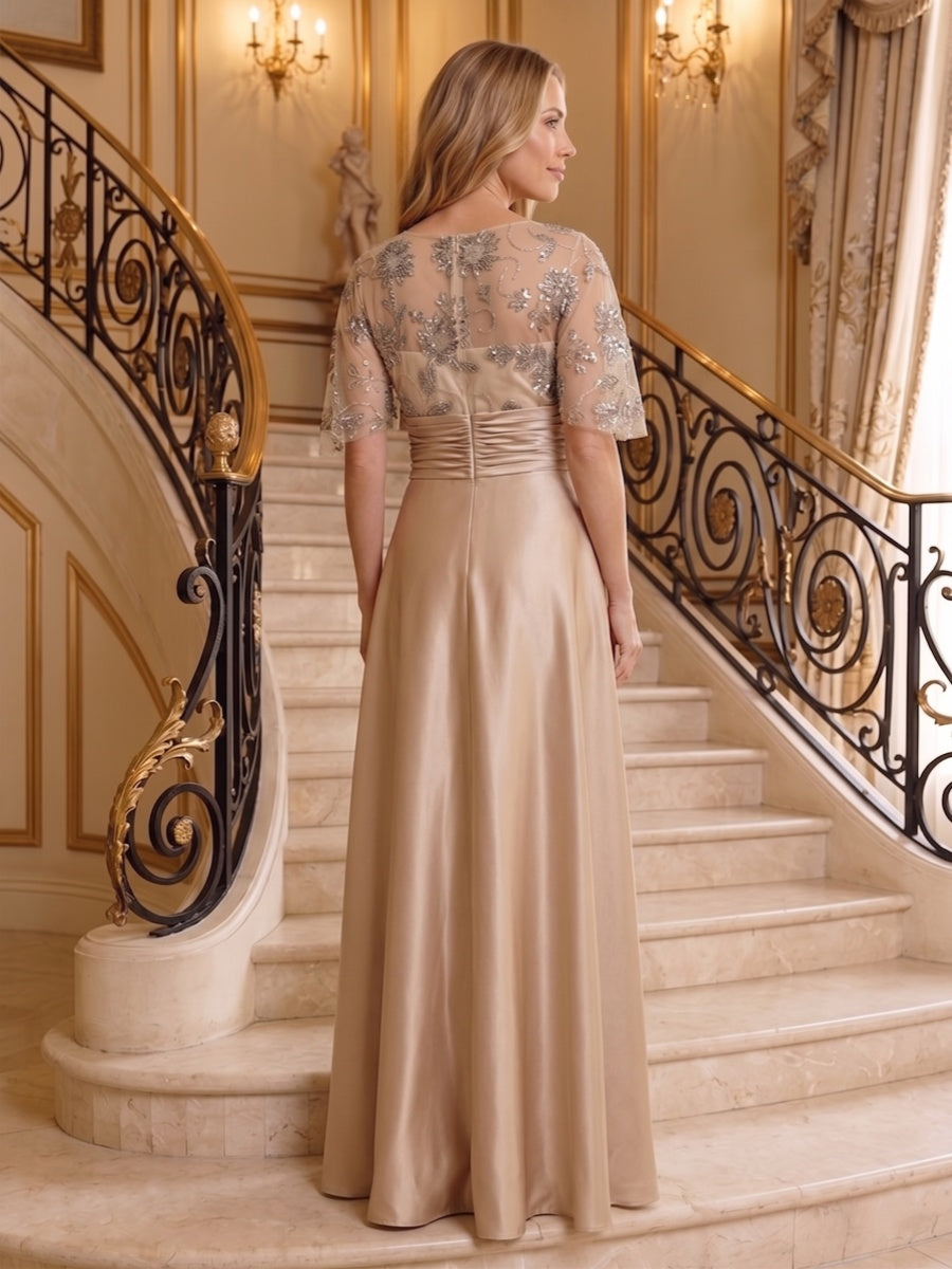 Trumpet/Mermaid Scoop 3/4 Sleeves Floor-Length Mother of the Bride Dresses with Applique & Beading