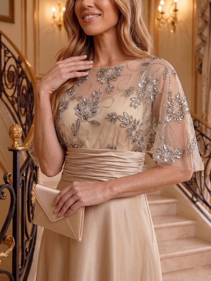 Trumpet/Mermaid Scoop 3/4 Sleeves Floor-Length Mother of the Bride Dresses with Applique & Beading