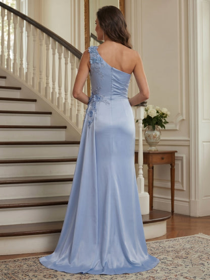 Trumpet/Mermaid One Shoulder Sleeveless Floor-Length Mother of the Bride Dresses with 3D Floral & Split Side