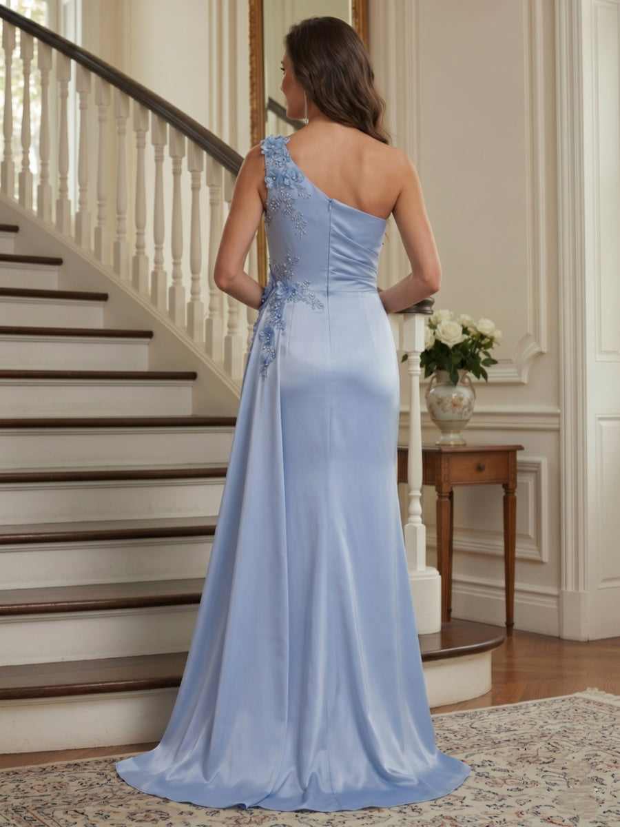 Trumpet/Mermaid One Shoulder Sleeveless Floor-Length Mother of the Bride Dresses with 3D Floral & Split Side