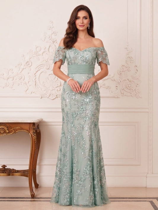 Trumpet/Mermaid Off the Shoulder Short Sleeves Floor-Length Mother of the Bride Dresses with Applique & Sash