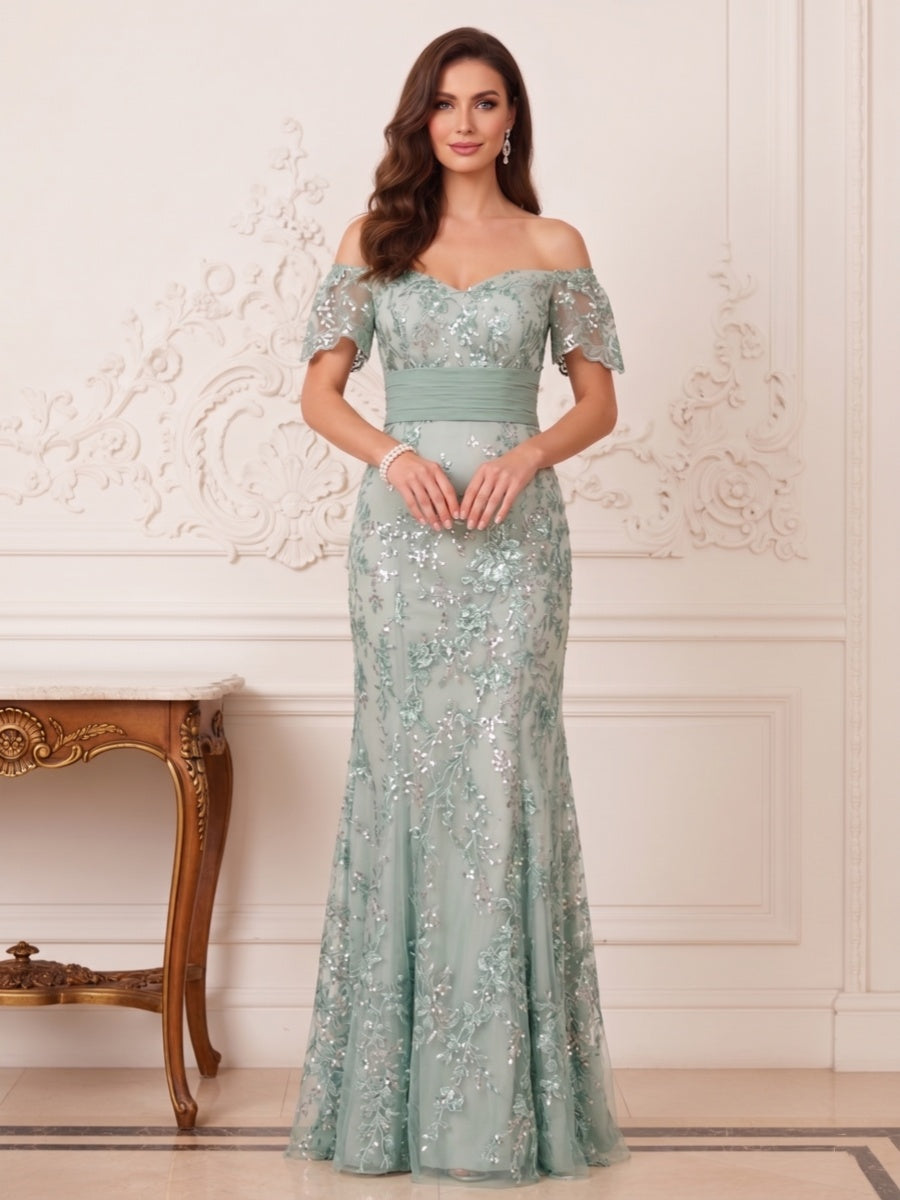 Trumpet/Mermaid Off the Shoulder Short Sleeves Floor-Length Mother of the Bride Dresses with Applique & Sash