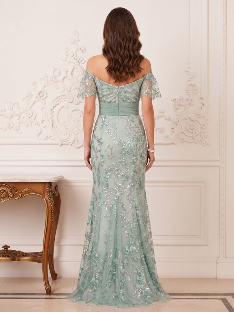 Trumpet/Mermaid Off the Shoulder Short Sleeves Floor-Length Mother of the Bride Dresses with Applique & Sash