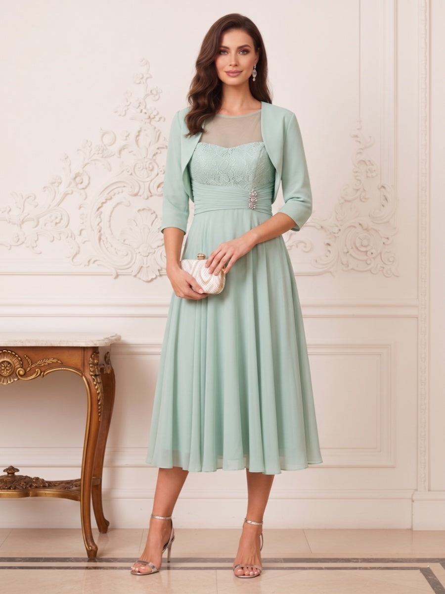 A-Line/Princess Illusion Neck 3/4 Sleeves Tea-Length Mother of the Bride Dresses with Pleats & Beading