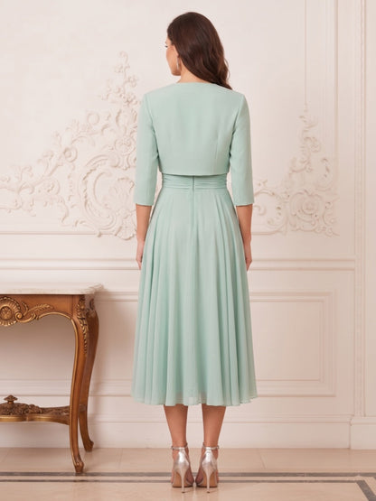 A-Line/Princess Illusion Neck 3/4 Sleeves Tea-Length Mother of the Bride Dresses with Pleats & Beading