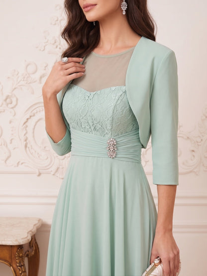 A-Line/Princess Illusion Neck 3/4 Sleeves Tea-Length Mother of the Bride Dresses with Pleats & Beading
