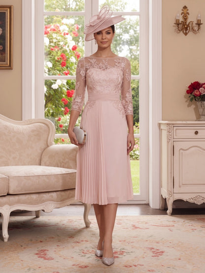 Sheath Column Illusion Neck 3/4 Sleeves Knee-Length Mother of the Bride Dresses with Applique & Lace