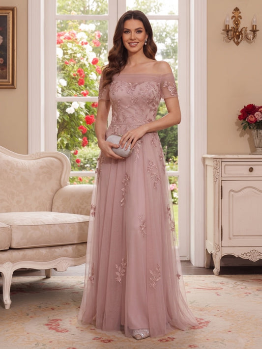 A-Line/Princess Off-the-shoulder Short Sleeves Floor-length Mother of the Bride Dresses with Applique