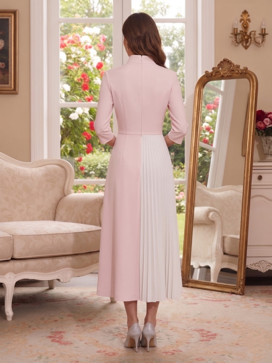 A-Line/Princess V-Neck Half Sleeves Tea-Length Mother of the Bride Dresses with Applique & Pleats