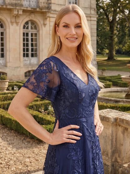 A-Line/Princess V-Neck Short sleeves Asymmetrical Mother of the Bride Dresses with Applique & Embroidery