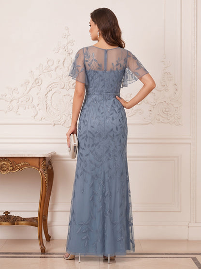 Sheath Column Illusion Neck Flutter Sleeves Floor-Length Mother of the Bride Dresses with Applique & Lace