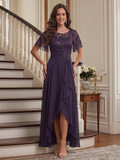 A-Line/Princess Scoop Flutter Sleeves Asymmetrical Mother of the Bride Dresses with Sequins & Ruffles