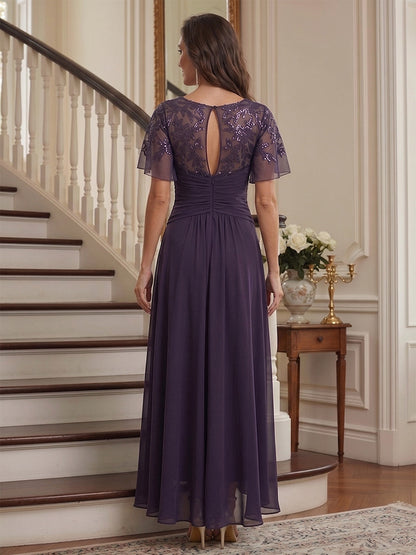 A-Line/Princess Scoop Flutter Sleeves Asymmetrical Mother of the Bride Dresses with Sequins & Ruffles
