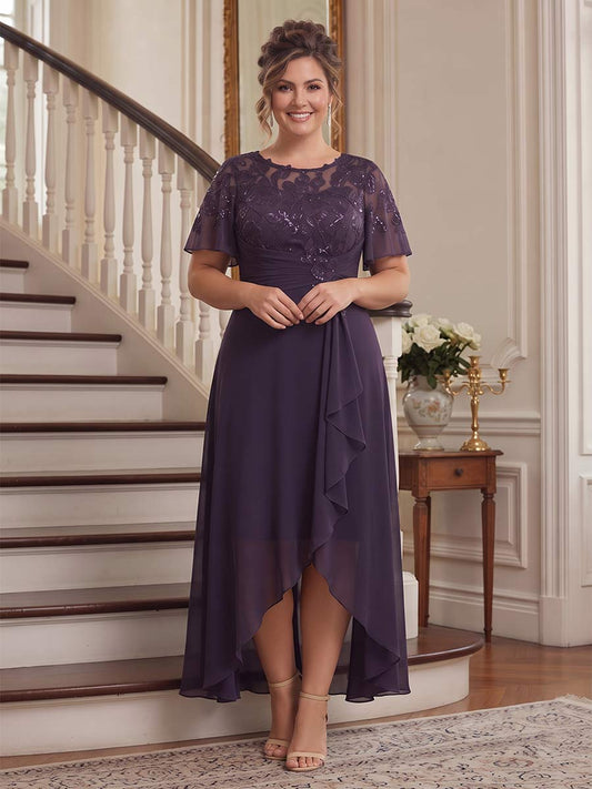 A-Line/Princess Scoop Flutter Sleeves Asymmetrical Plus Size Mother of the Bride Dresses with Sequins & Ruffles