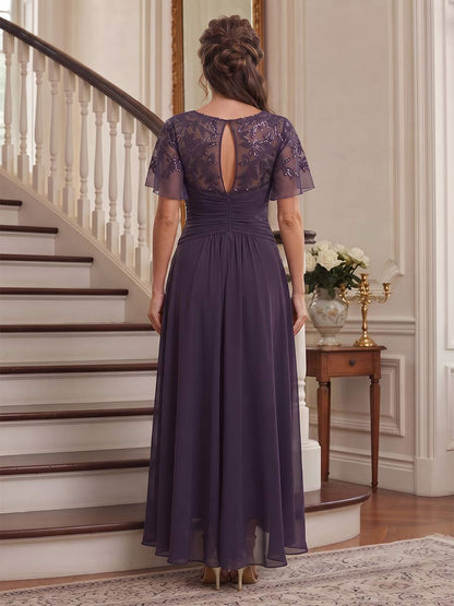 A-Line/Princess Scoop Flutter Sleeves Asymmetrical Plus Size Mother of the Bride Dresses with Sequins & Ruffles