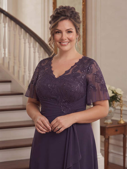 A-Line/Princess Scoop Flutter Sleeves Asymmetrical Plus Size Mother of the Bride Dresses with Sequins & Ruffles