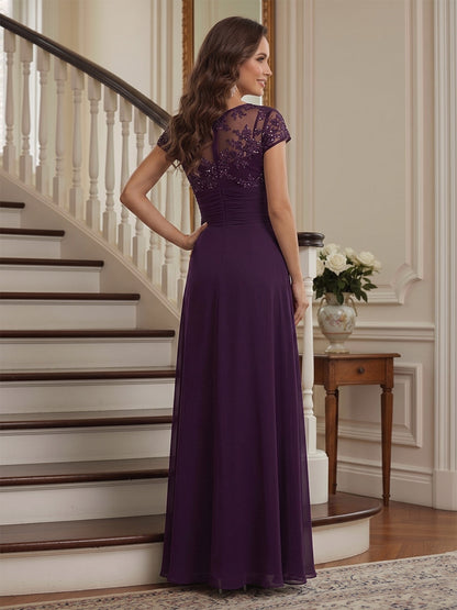 A-Line/Princess V-neck Cap Sleeves Floor-Length Mother of the Bride Dresses with Appliqued & Pleats
