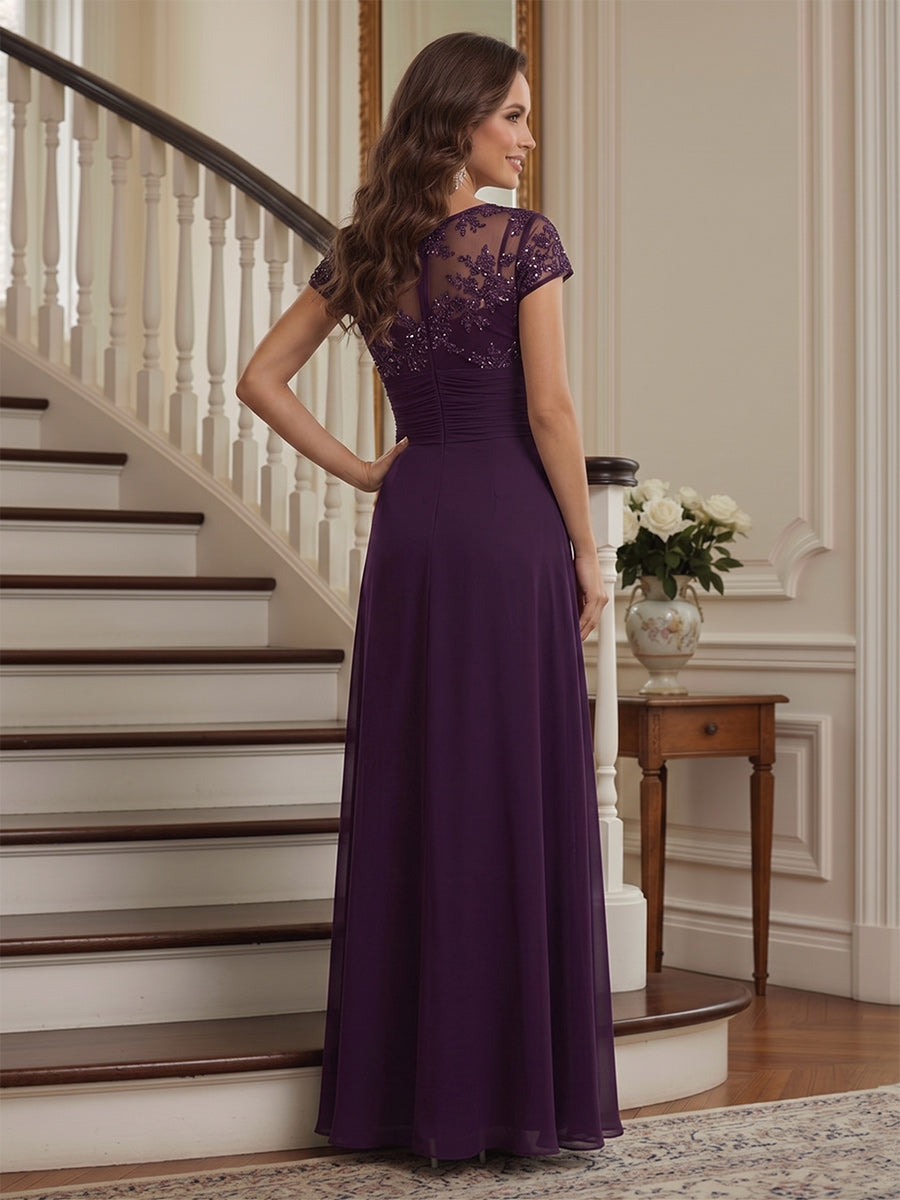 A-Line/Princess V-neck Cap Sleeves Floor-Length Mother of the Bride Dresses with Appliqued & Pleats