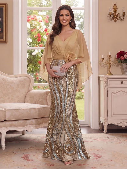 Trumpet/Mermaid V Neck Half Sleeves Floor-Length Mother of the Bride Dresses with Cape & 3D Floral