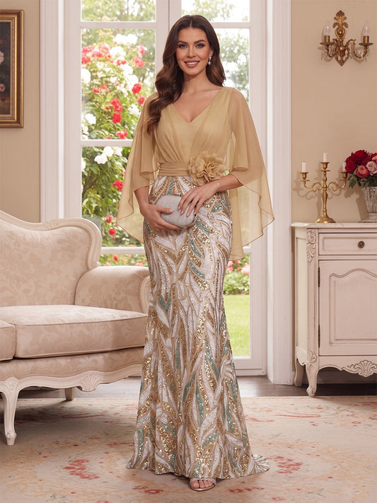 Trumpet/Mermaid V Neck Half Sleeves Floor-Length Mother of the Bride Dresses with Cape & 3D Floral