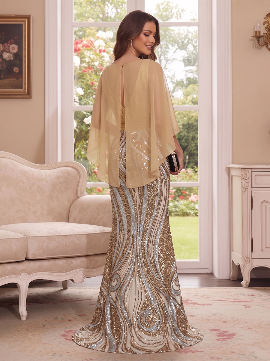 Trumpet/Mermaid V Neck Half Sleeves Floor-Length Mother of the Bride Dresses with Cape & 3D Floral