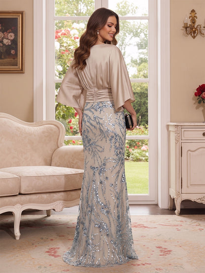Trumpet/Mermaid Scoop 3/4 Sleeves Floor-Length Mother of the Bride Dresses with Sequins & Pockets
