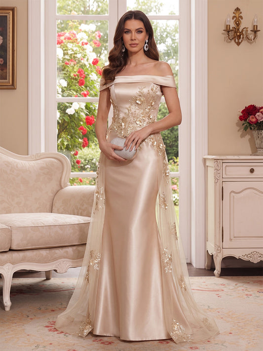 Trumpet/Mermaid Off-the-Shoulder Short Sleeves Floor-Length Mother of the Bride Dresses with Applique & 3D Floral