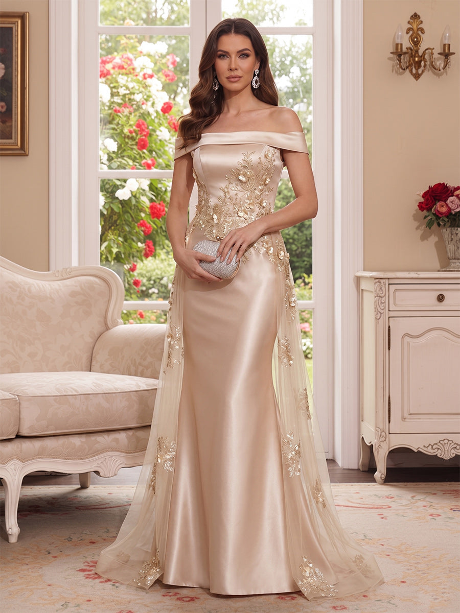 Trumpet/Mermaid Off-the-Shoulder Short Sleeves Floor-Length Mother of the Bride Dresses with Applique & 3D Floral