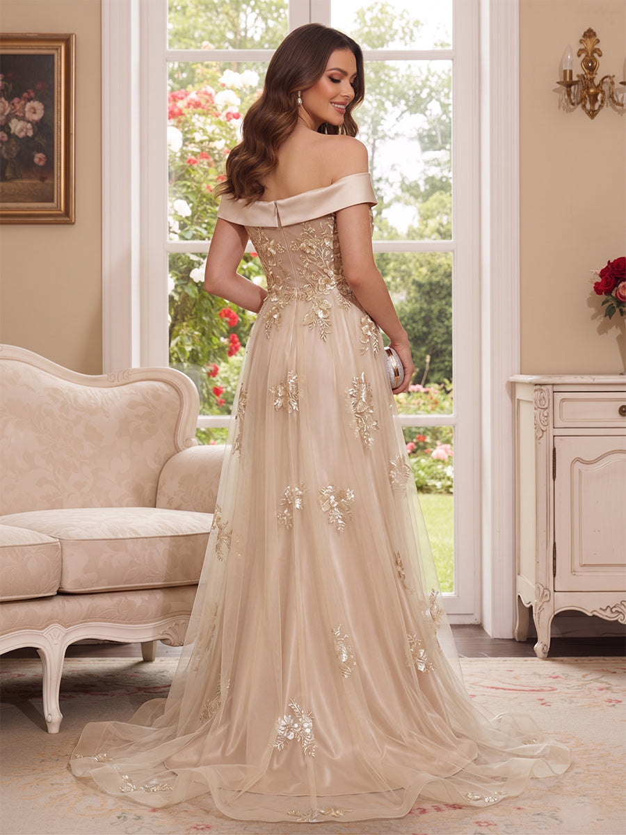 Trumpet/Mermaid Off-the-Shoulder Short Sleeves Floor-Length Mother of the Bride Dresses with Applique & 3D Floral
