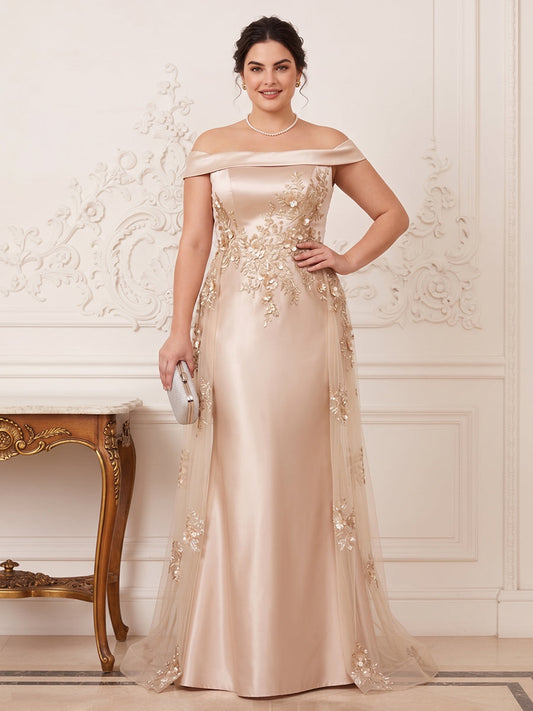 Trumpet/Mermaid Off-the-Shoulder Short Sleeves Floor-Length Plus Size Mother of the Bride Dresses with Applique & 3D Floral