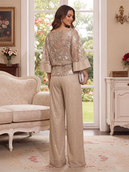 Jumpsuits 3/4 Sleeves Scoop Floor Length Mother of the Bride Dresses with Bowknot & Appliques