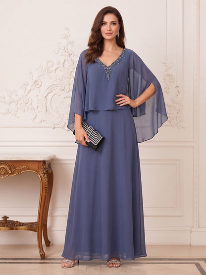 A-Line/Princess Flutter Sleeves  V-neck Floor-length Mother of the Bride Dresses with Beading & Rhinestone