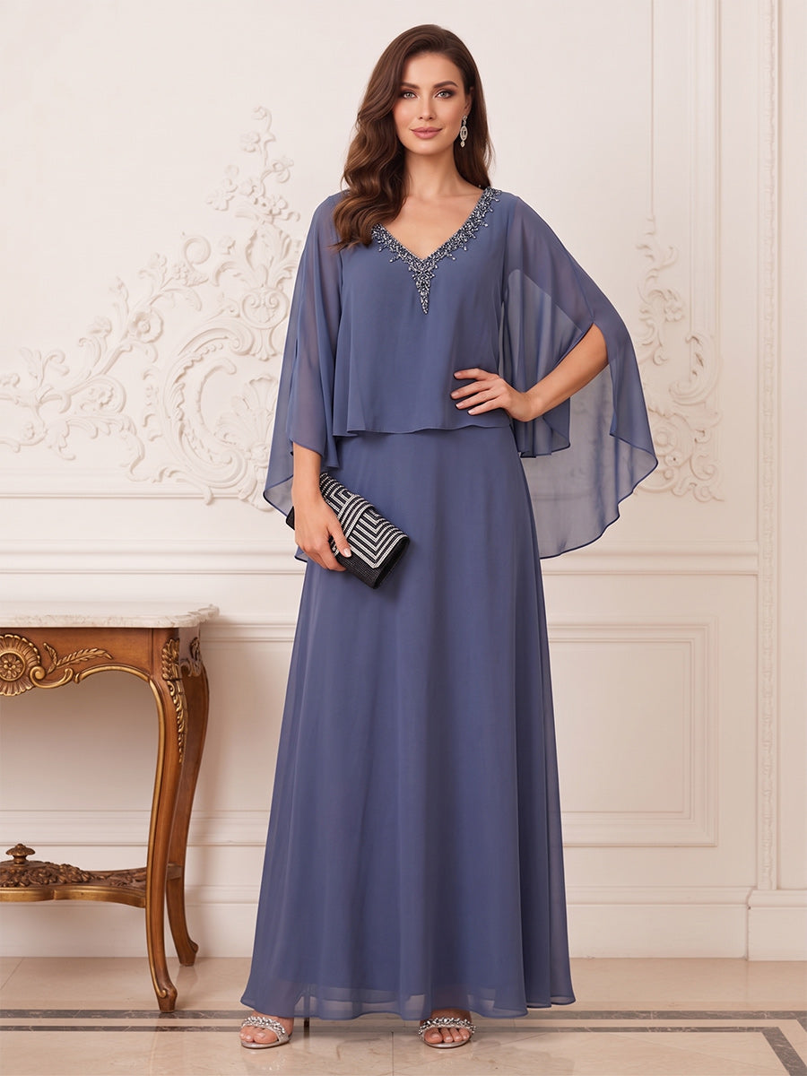 A-Line/Princess Flutter Sleeves  V-neck Floor-length Mother of the Bride Dresses with Beading & Rhinestone