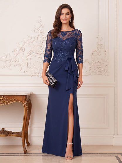 Trumpet/Mermaid Illusion Neck 3/4 Sleeves Floor-Length Mother of the Bride Dresses with Ruffles & Applique