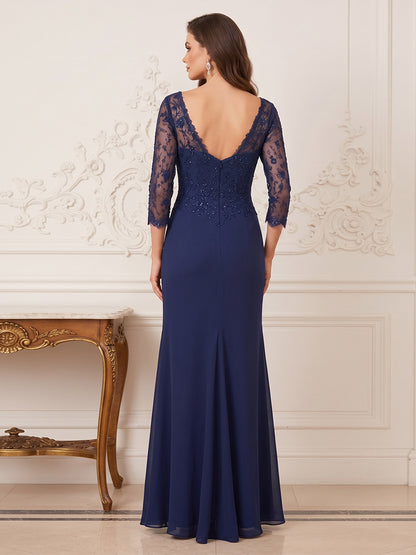 Trumpet/Mermaid Illusion Neck 3/4 Sleeves Floor-Length Mother of the Bride Dresses with Ruffles & Applique