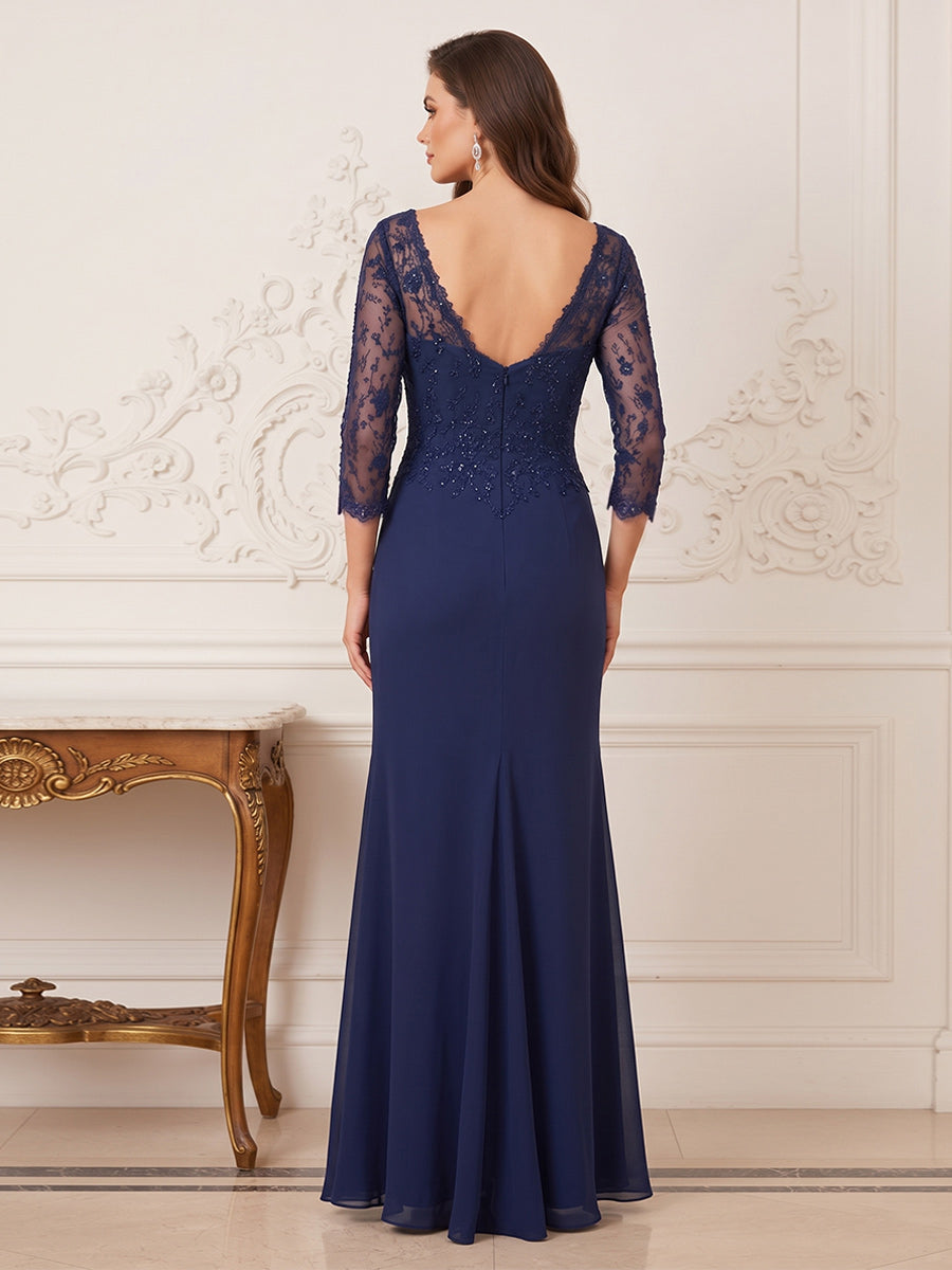 Trumpet/Mermaid Illusion Neck 3/4 Sleeves Floor-Length Mother of the Bride Dresses with Ruffles & Applique