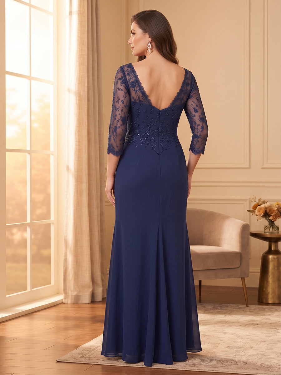 Trumpet/Mermaid Illusion Neck 3/4 Sleeves Floor-Length Plus Size Mother of the Bride Dresses with Ruffles & Applique