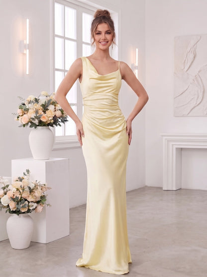 Sheath/Column Cowl Neck Asymmetrical Sleeveless Floor-Length Bridesmaid Dresses with Ruched