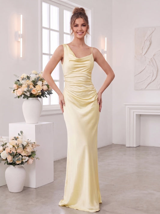 Sheath/Column Cowl Neck Asymmetrical Sleeveless Floor-Length Bridesmaid Dresses with Ruched