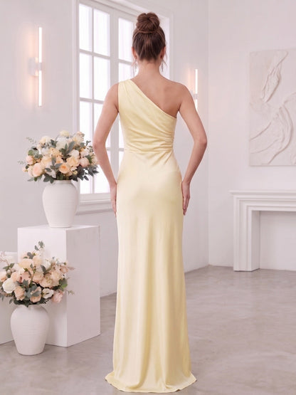 Sheath/Column One Shoulder Sleeveless Floor-Length Bridesmaid Dresses with Ruched & Ruffles
