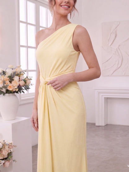 Sheath/Column One Shoulder Sleeveless Floor-Length Bridesmaid Dresses with Ruched & Ruffles