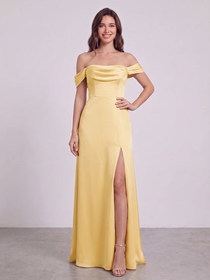Sheath/Column Off-the-Shoulder Short Sleeves Floor-Length Bridesmaid Dresses with Ruched & Split Side