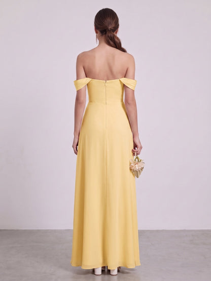 Sheath/Column Off-the-Shoulder Short Sleeves Floor-Length Bridesmaid Dresses with Ruched & Split Side
