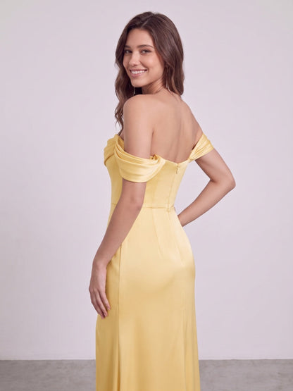Sheath/Column Off-the-Shoulder Short Sleeves Floor-Length Bridesmaid Dresses with Ruched & Split Side