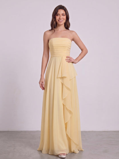 A-Line/Princess Strapless Sleeveless Floor-Length Bridesmaid Dresses with Ruffles & Ruched