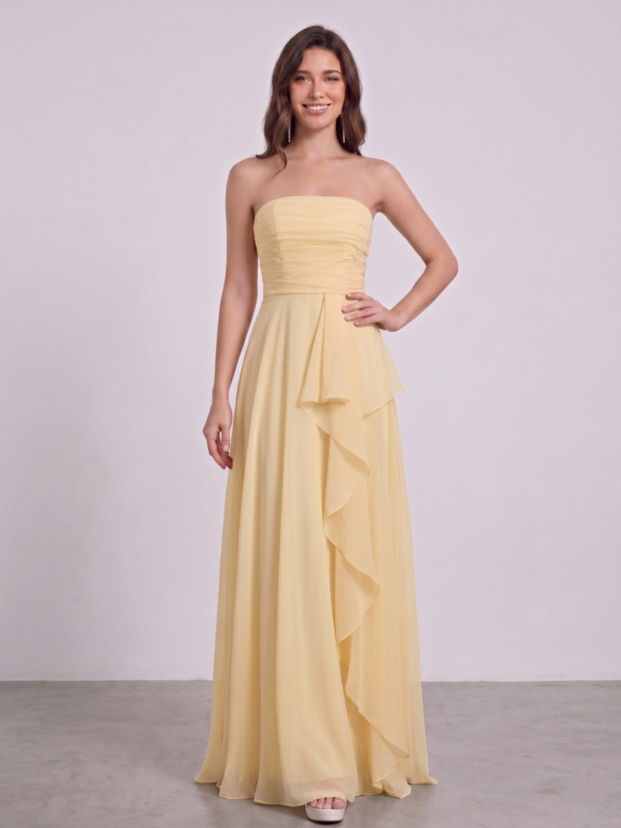 A-Line/Princess Strapless Sleeveless Floor-Length Bridesmaid Dresses with Ruffles & Ruched