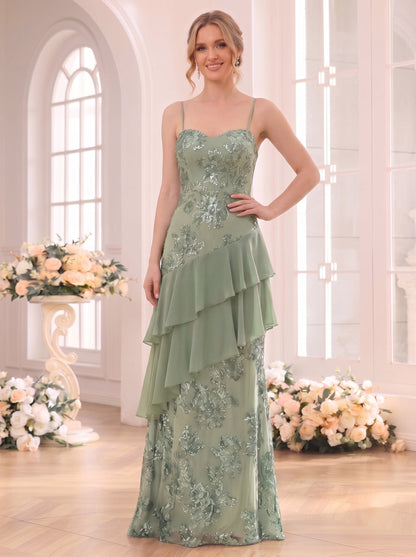 A-Line/Princess Spaghetti Straps Sleeveless Floor-Length Bridesmaid Dresses with Ruffles & Applique