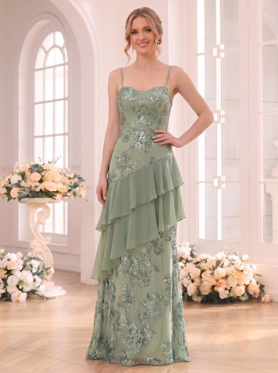 A-Line/Princess Spaghetti Straps Sleeveless Floor-Length Bridesmaid Dresses with Ruffles & Applique