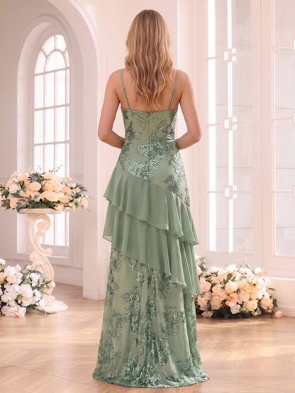 A-Line/Princess Spaghetti Straps Sleeveless Floor-Length Bridesmaid Dresses with Ruffles & Applique