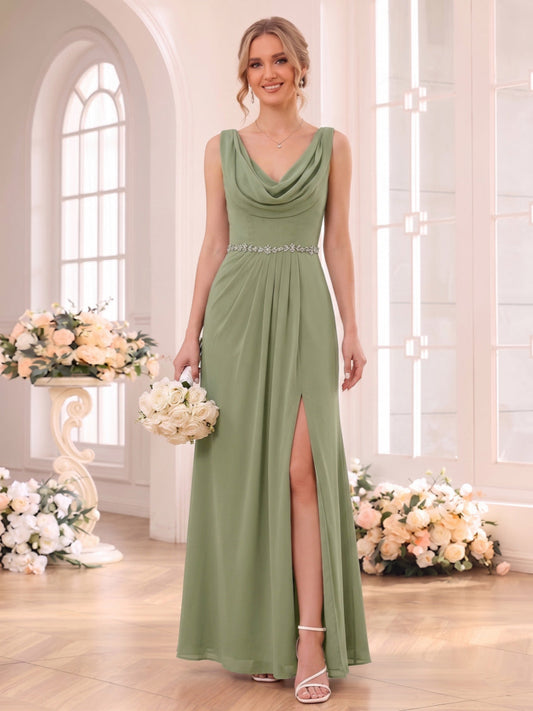 Sheath/Column Cowl Neck Sleeveless Floor-Length Bridesmaid Dresses with Split Side & Pleats